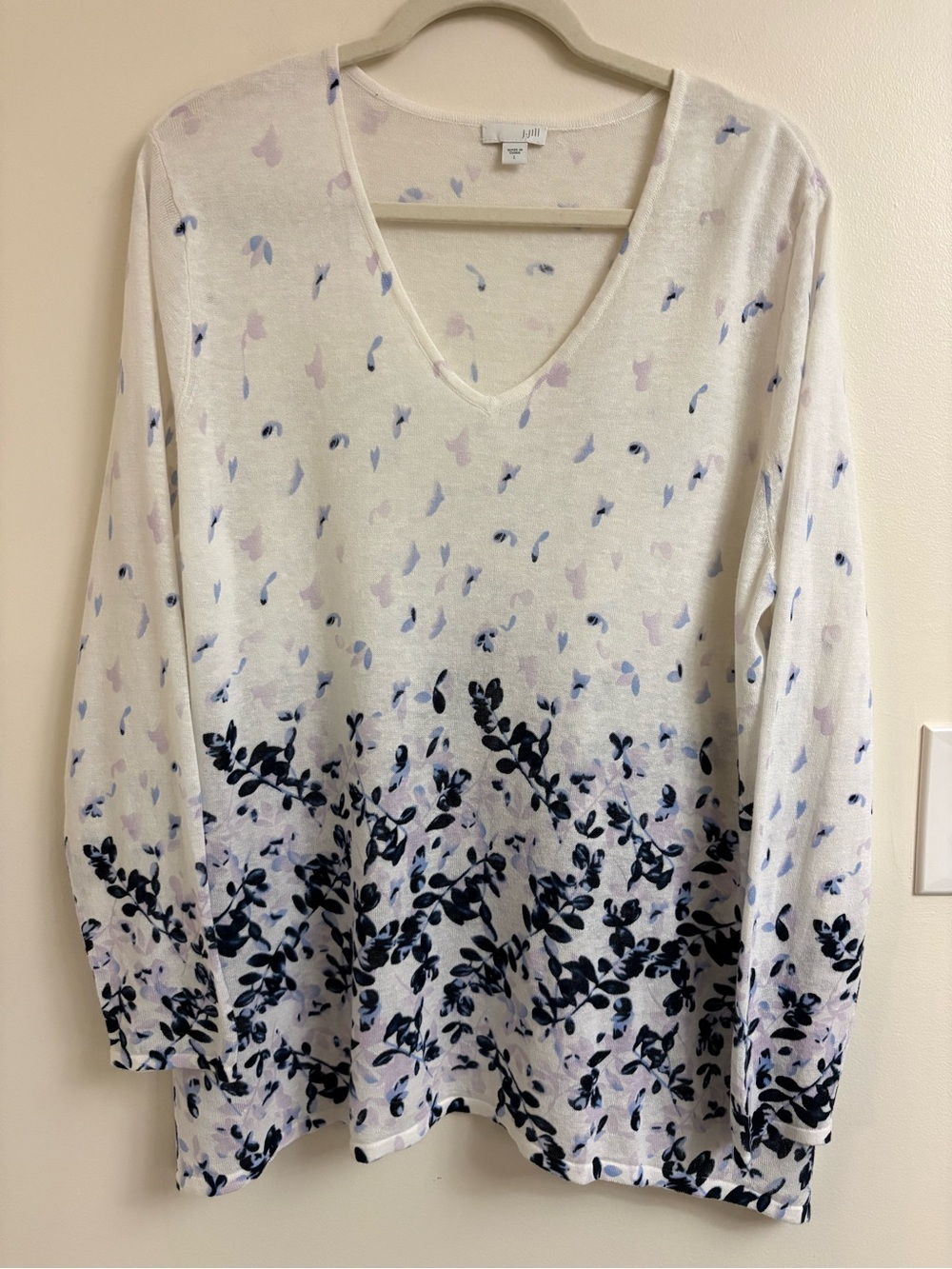 J. Jill Linen Cotton Floral V-Neck Sweater Large Blue Botanical Knit Lightweight